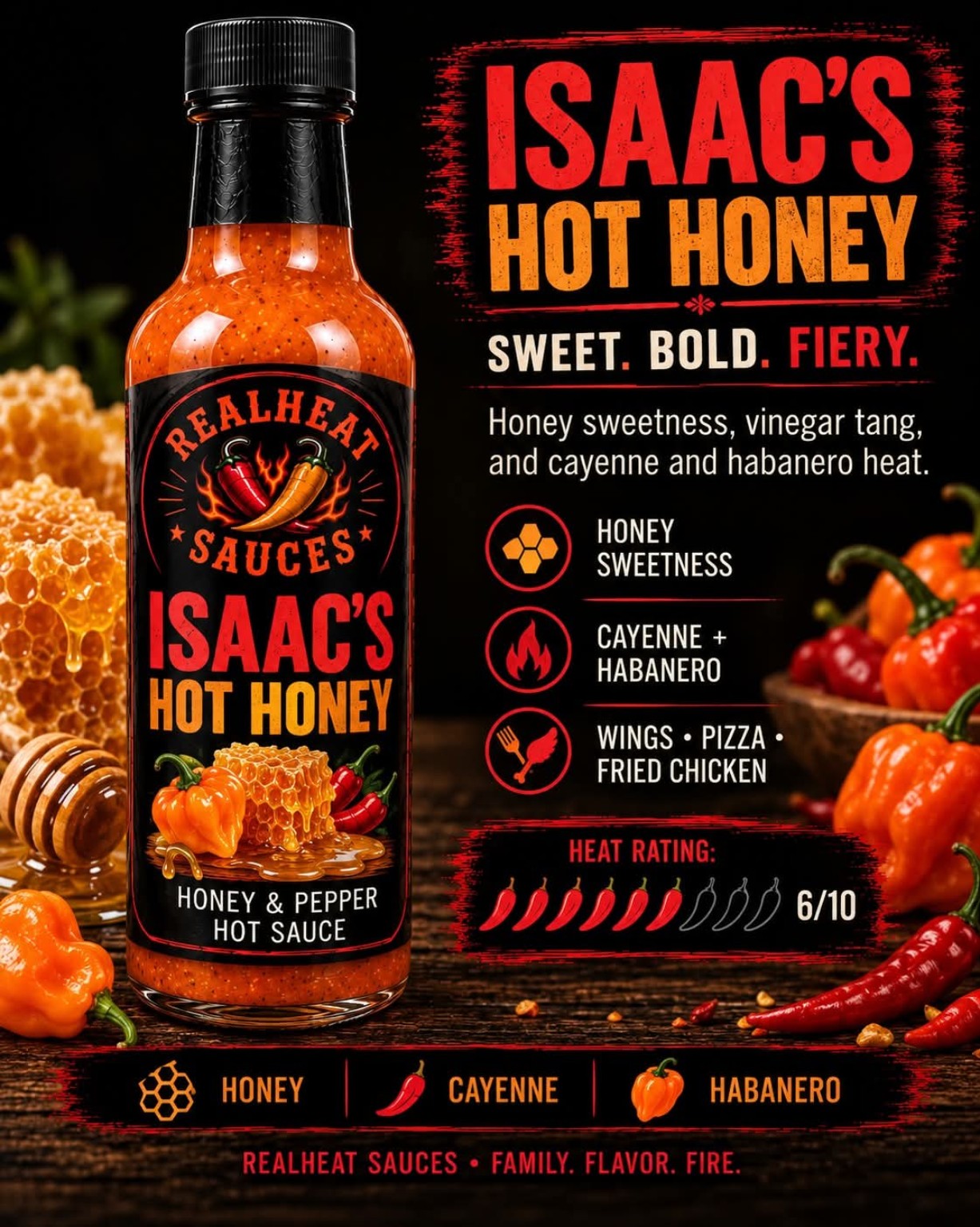 Isaac’s Hot Honey: Sweet. Bold. Fiery. Honey, cayenne and habanero. Heat rating 6 out of 10.