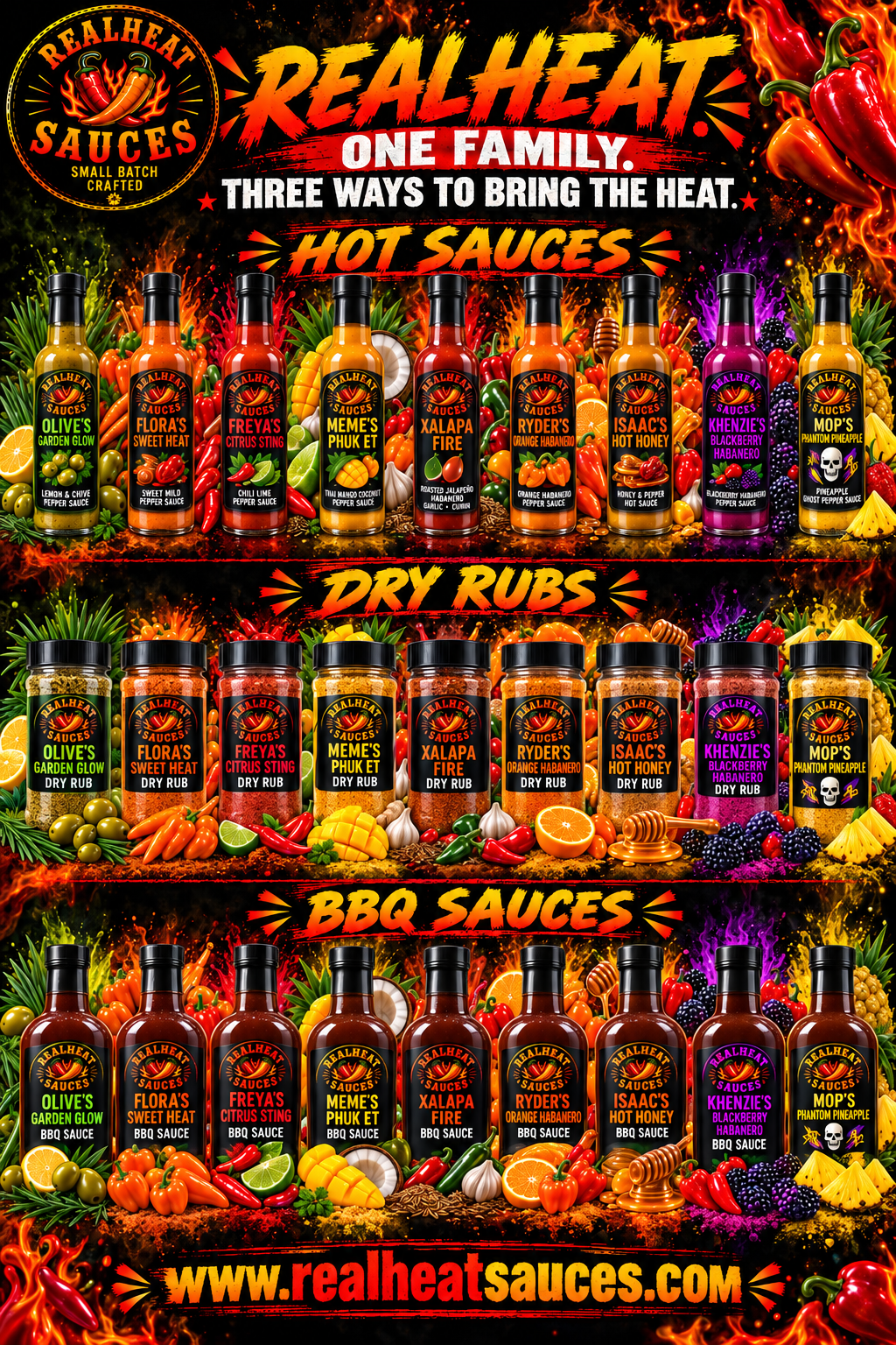 The expanded RealHeat hot sauce, dry rub and BBQ sauce family